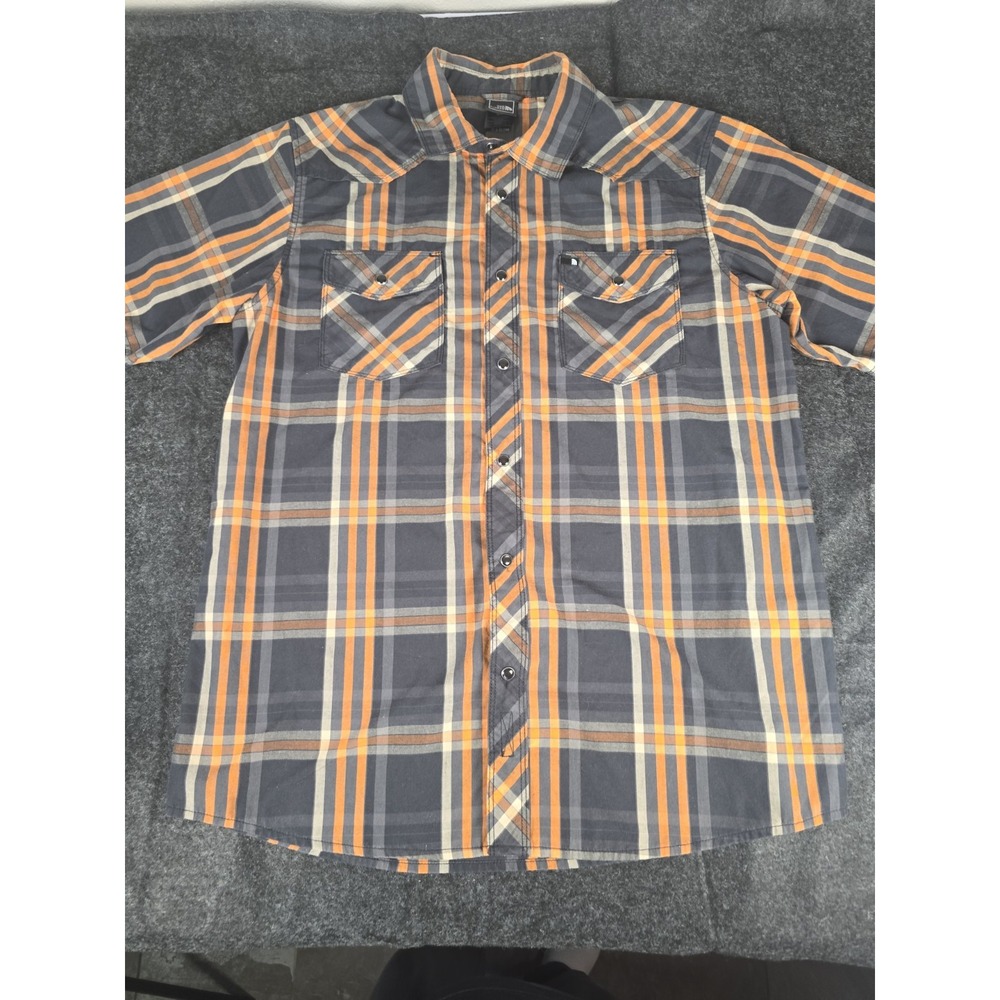 The North Face Pearl Snap Short Sleeve Button Up Black Gray Orange Plaid Shirt M